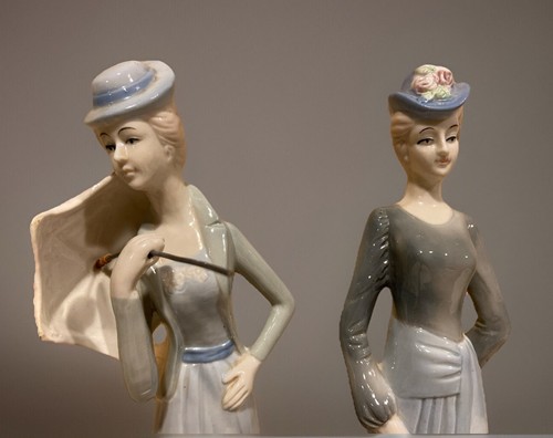 Pair Tall 12.5” Ceramic Porcelain Victorian Lady Figurines - Unmarked - Picture 4 of 8