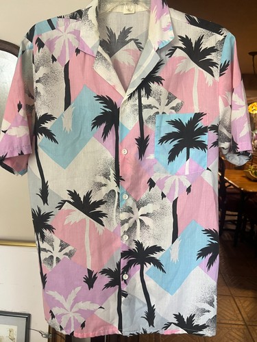 Vintage 1980s Hawaiian Shirt Men Medium Miami Vice Palm Tree Pastel USA RARE!