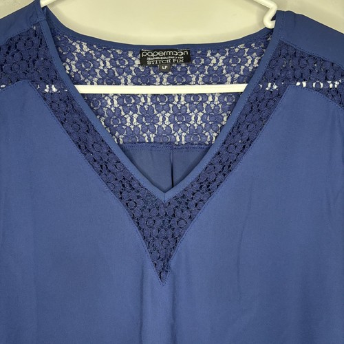 PAPERMOON Stitch Fix V-Neck Roll Tab Sleeve Tunic Womens LP Crochet Flowy Blue - Picture 4 of 7