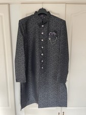 Sherwani Men  s Luxurious Fabric With Intricate Embroidery - Black - Silver - M