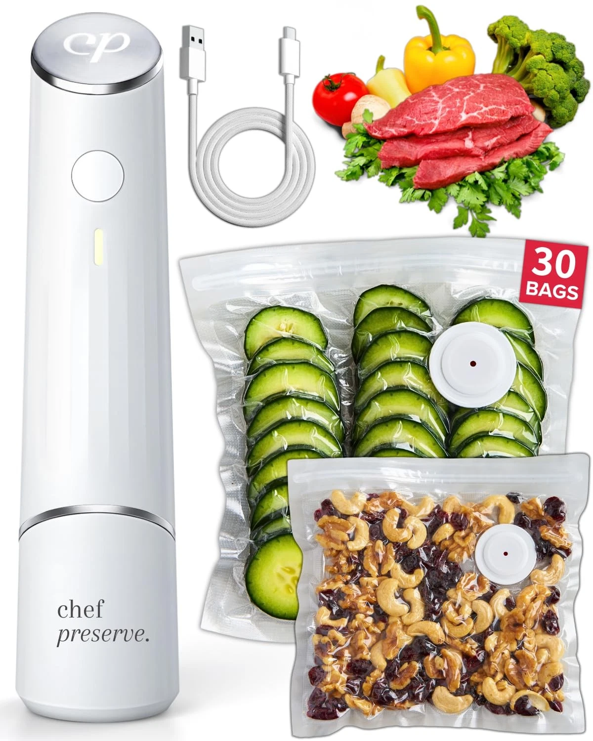 Chef Preserve Compact Vacuum Sealer Machine + 30 Reusable Bags Food Storage