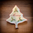 Andrea by Sadek Christmas Tree Shaped Holly Berry Porcelain Dish--"Merry"