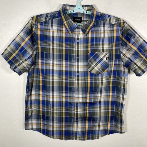 Marmot Shirt Mens XL Blue Yellow Green Plaid Short Sleeve Button Up Outdoor