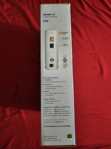 ARRIS S34 Surfboard DOCSIS 3.1 Multi-Gigabit Cable Modem, 2.5 GBPS Ethernet Port - Picture 3 of 4