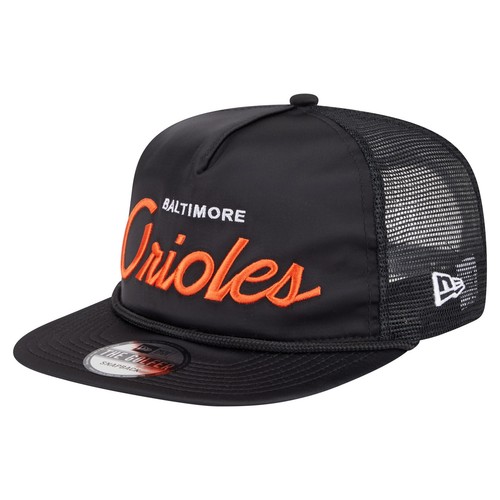 Chapeau de golfeur homme New Era noir Baltimore Orioles rétro satin écriture réglable
