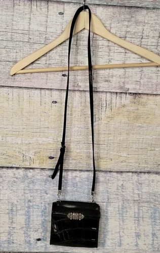 BRIGHTON Collection Mini Black Leather Croc Embossed Crossbody Purse Handbag - Picture 3 of 21