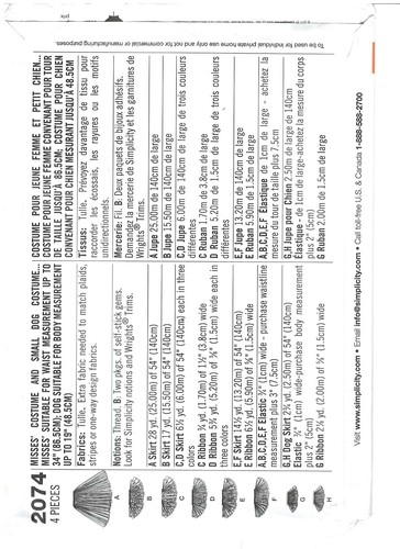 2011 Simplicity 2074 Misses Costume Small Dog Costume sewing pattern uncut - Picture 2 of 3