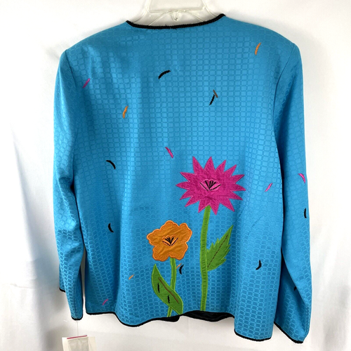 JULIA KIM Womens L Turquoise Blue Jacket Colorful Floral Button Front Lined - Picture 10 of 12