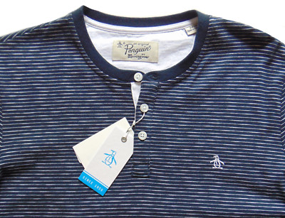Men's PENGUIN Navy Blue White Striped Henley Shirt XXL XX-Large