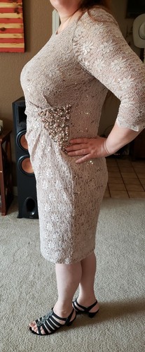ALEX EVENINGS CHAMPAGNE NUDE SEQUINS FLORAL LACE OVERLAY BODYCON FRMAL DRESS 14W - Picture 7 of 16