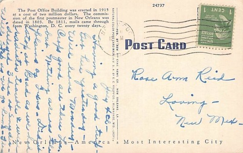 Postal LA: Parque frente a la oficina de correos, Nueva Orleans, Louisiana, lino publicado - Imagen 2 de 3