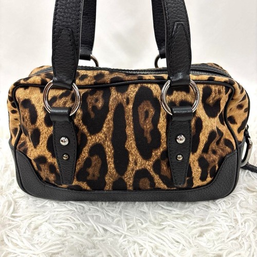 Dolce & Gabbana Leopard Mini Boston Bag Leather x Canvas Rare Brown/Black Handle - Picture 11 of 12