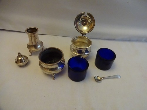 Antique 1919/20 Silver Cruet Set Bristol Blue Liners By C E TURNER, Birmingham - Photo 2/3