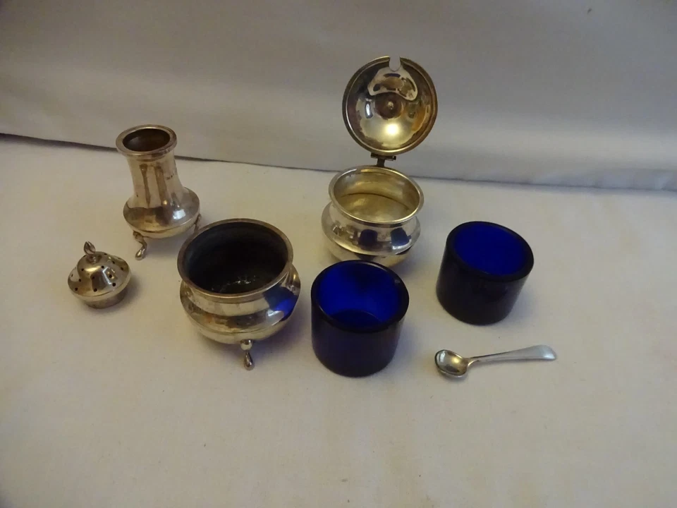 Antiguo juego de cruetas de plata 1919/20 Bristol Blue Liners de C E TURNER, Birmingham Foto 2 de 3