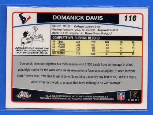2006 Topps Chrome Football Card #116 Domanick Davis - Picture 2 of 2