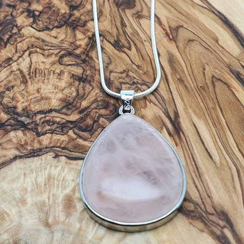 Necklace Large Rose Quartz Crystal Pendant Teardrop Gemstone Silver Plated Chain - Picture 20 of 51