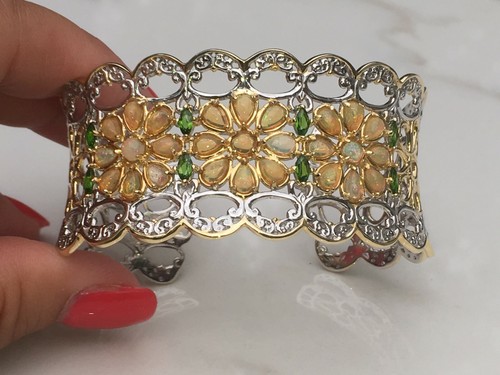 Gems en Vogue Ethiopian Opal & Chrome Diopside Three Flower Cuff Bracelet $700 - Picture 2 of 8