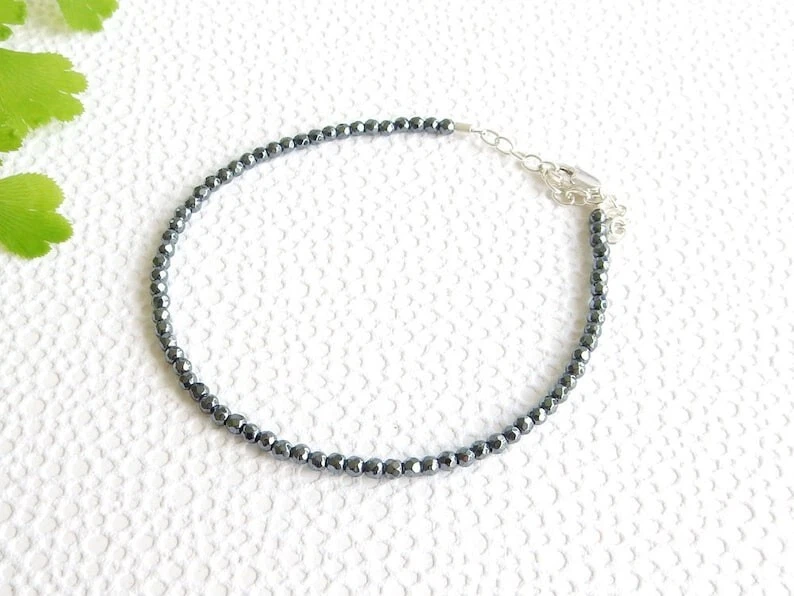 Dainty 2-3MM Black Hematite Faceted Round Gemstone Beads Unisex Bracelets 6-8'' - Image 2 of 4