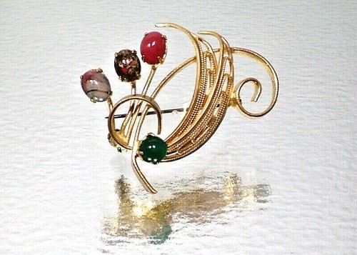 Filigree Brooch Vintage Art Glass Cabochon Faux Agate Stones Ribbon Leaf - Picture 3 of 4