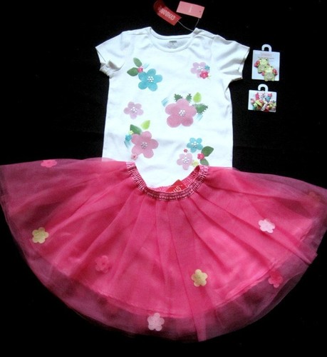 Gymboree Flower Garden 5 Pc Pink Tulle Tutu Flower Skirt 8 Top Shirt 9 Hair NWT - Picture 1 of 7