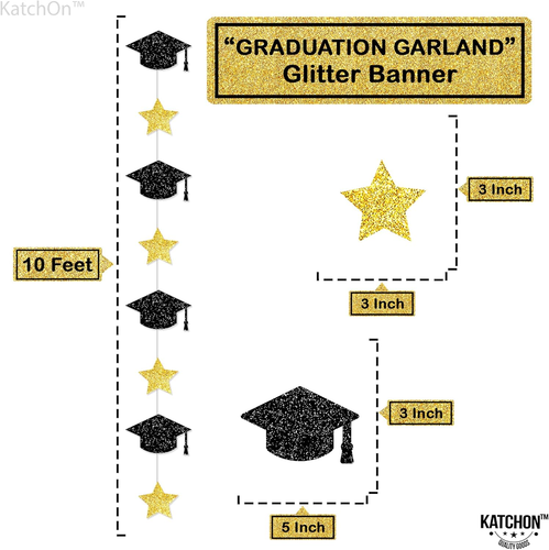 , Glitter Graduation Cap Garland, 10 Feet - 8 String, No DIY | Black and Gold Gr - Picture 4 of 12