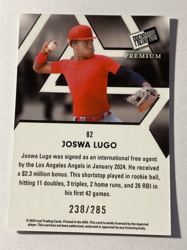 JOSWA LUGO angels 2024 Leaf Press Pass Premium #82 XRC 238/285 (BB7) - Picture 2 of 2