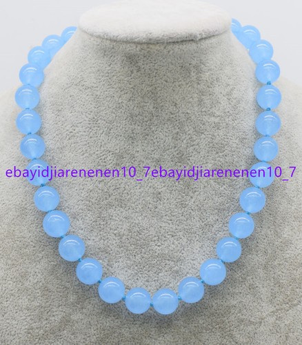 Fashion Natural 12mm Light Blue Jade Gemstone Round Beads Necklace 18 in - 第 7/12 張圖片