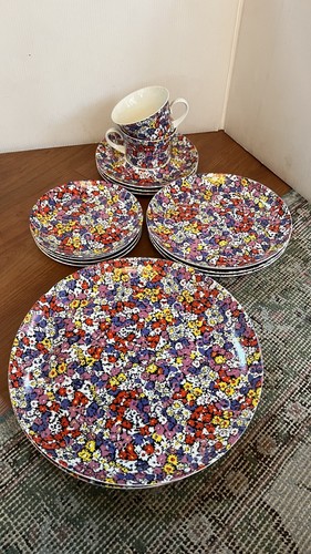 Block Bidasoa Floral 2 Tea Cups 3 Saucers Spain colorful multicolor VTG - Picture 4 of 4