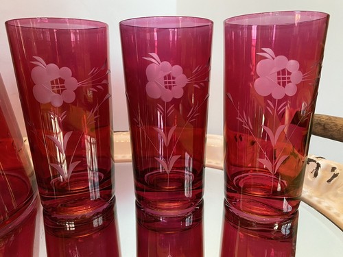 VINTAGE FEDERAL CRANBERRY GLASS PITCHER SET 6 GLASSES ETCHED FLORAL - Picture 4 of 22