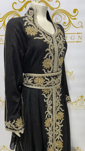 Fancy Kaftan Long Maxi Dress Embellished Embroidery Design Rhinestone Black Gold - Picture 9 of 10