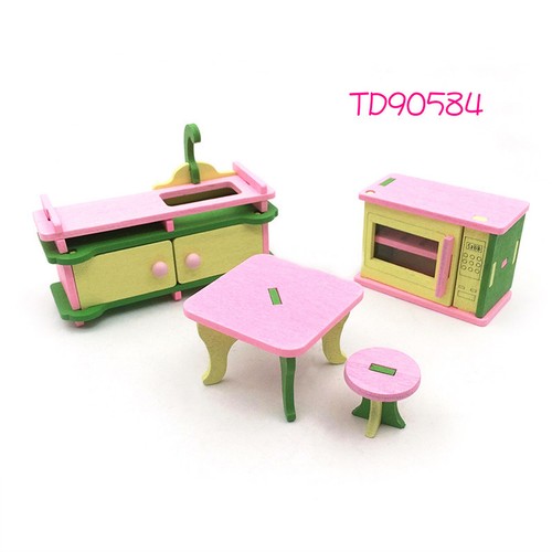 4 Set Doll House Miniature Family Wooden Furniture Sets Kids Role Pretend Play - Bild 9 von 16