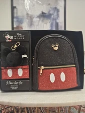 Disney Mickey Mouse 3 Piece Mini Backpack Id Card Wallet Keychain NEW Glitter ✨️