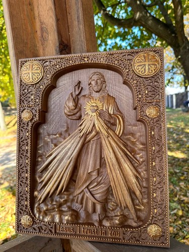 Hand-painted christian wall art Divine Mercy icon on solid oak wood home decor - Picture 8 of 8
