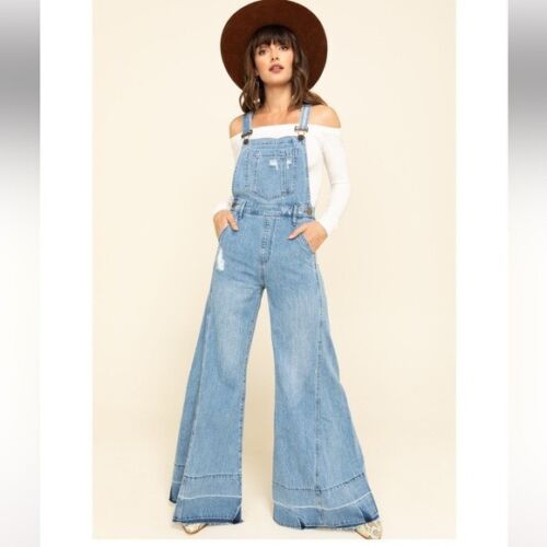 NEW NWT $190 SHOW ME YOUR MUMU San Fran denim flare overalls Carolina blue - M