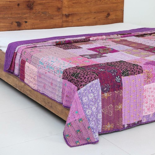 Indian Vintage Cotton Khambadia Patchwork Purple Kantha Quilt Bedspread Blanket - Picture 1 of 5