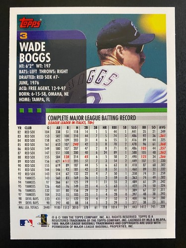 Wade Boggs 2000 Topps Baseball Card Tampa Bay Devil Rays #3 - Picture 2 of 2