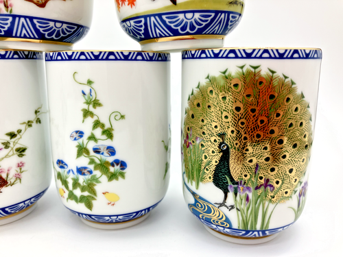 Vintage 1985 LOT COMPLET : 12 tasses à saké/thé porcelaine Franklin Mint oiseaux Japon - Photo 4/10