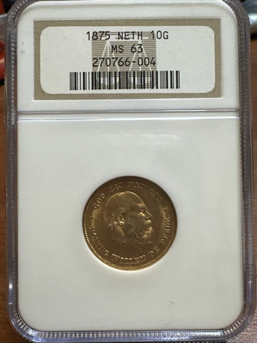 1875 Netherlands 10G Gulden Gold Coin NGC MS-63