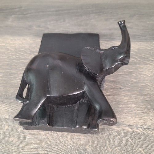 VTG Hand Carved Solid Dark Wood Elephant 8" Bookends Complete Missing Tusks - Picture 13 of 14