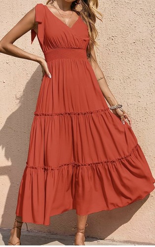 PrettyGarden Women's Cross Neck Summer Beach Tiered Maxi Dress, Orange, XL - Picture 2 of 5