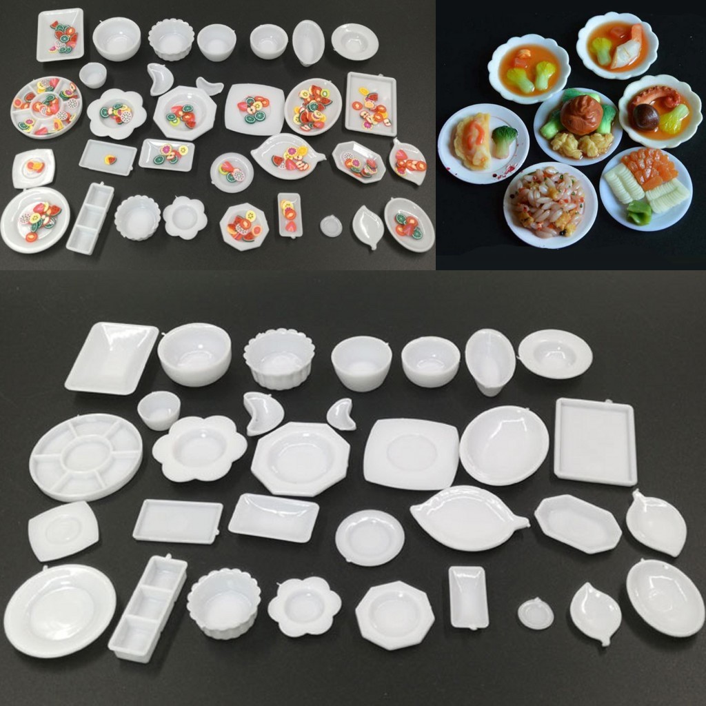 33 Pcs Dollhouse Miniature Tableware Plastic Plate Set Mini Dishes Set Food V0D5