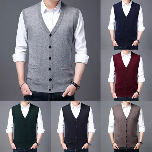 Mens V Neck Sleeveless Jumper Button Up Sweater Tank Top Cardigan Knitted Vest - Picture 3 of 21