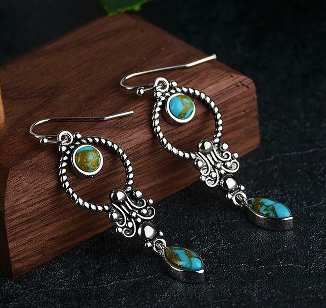 Elegant Boho Drop Earrings vintage Women 925 Silver Plated Blue Jewelry 1 Pair Elegant Boho Drop Earrings vintage Women 925 Silver Plated Blue Jewelry 1 Pair