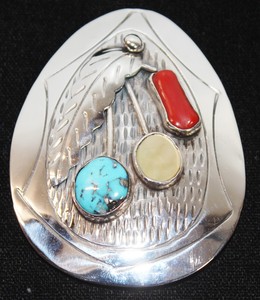 Vintage-Signed-David-F-Garcia-Native-Turquoise-Coral-MOP-Sterling-Silver-Bolo