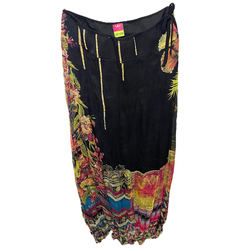 Save The Queen 100% Silk Maxi Skirt Floral Wearable Art Italy Size L Black Multi - Picture 2 of 12