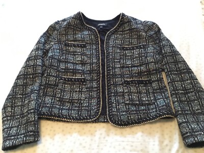 NEW EXPRESS METALLIC PLAID GOLD CHAIN TWEED JACKET IN MULTI SIZE M TEAL BLACK