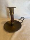 Vtg Brass and Wood Chamberstick Candle Holder W/ Finger Loop & Drip Tray