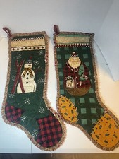Vintage Christmas Stockings w/ Santa Claus  Snowman Printed Fabric Lot Of 2