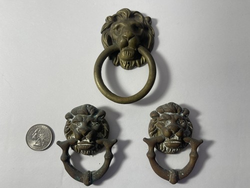 LOT OF 3 ANTIQUE LION HEAD BRASS DOOR DRAWER CHEST PULLS DROP PULLS