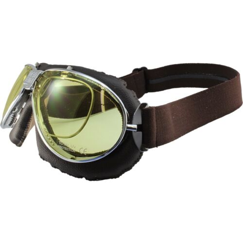Nannini TT Hand-Sewn 4V Brown Leather Goggles Chrome Frames Yellow Anti-Fog LenS - Picture 3 of 4